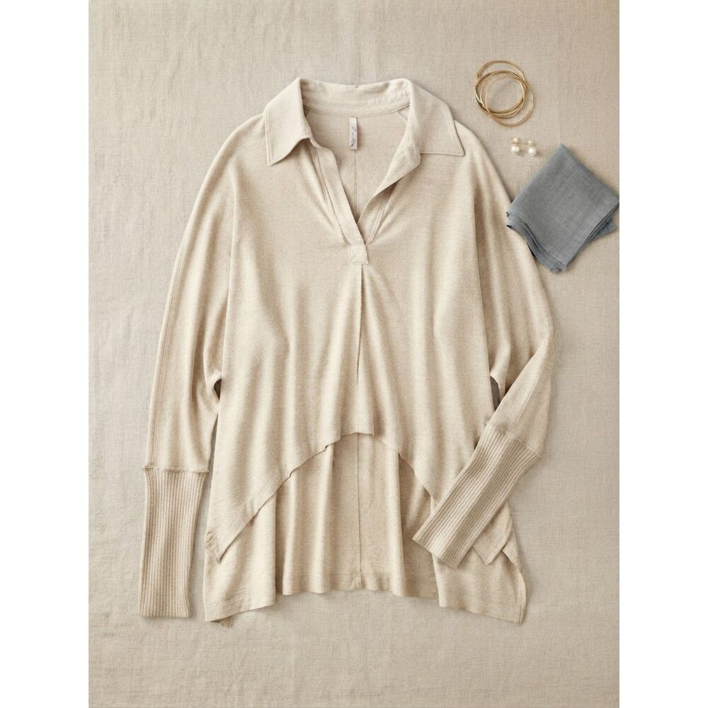 Free People Cream Collared Henley Slouchy Pullover Top Knit Size Small S NWOT